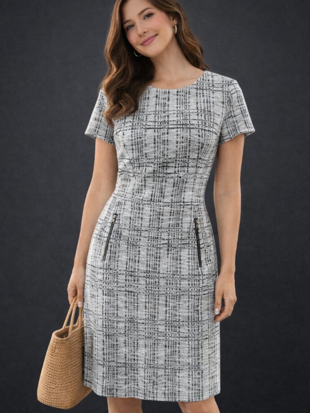 Sharagano Black White Textured Plaid Midi Dress Pockets Career